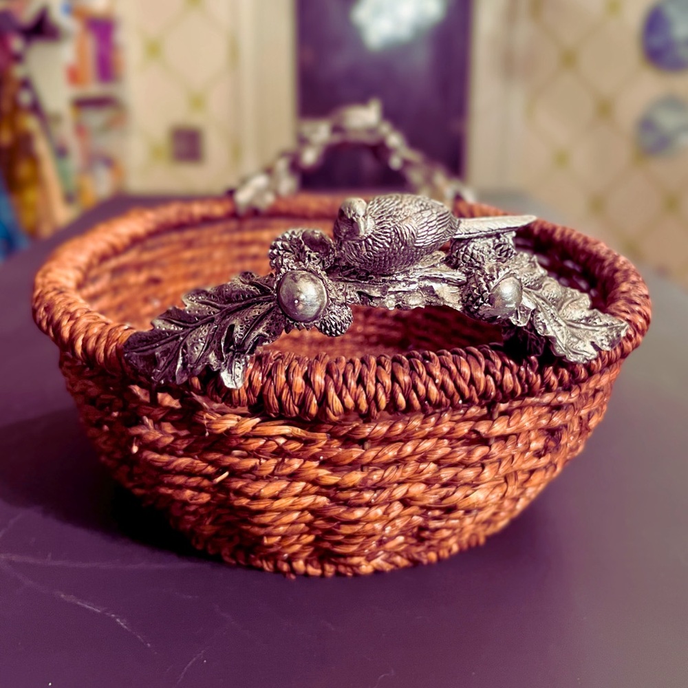 Twining Basket with Pheasants & Acorn Handles Autumn Decor